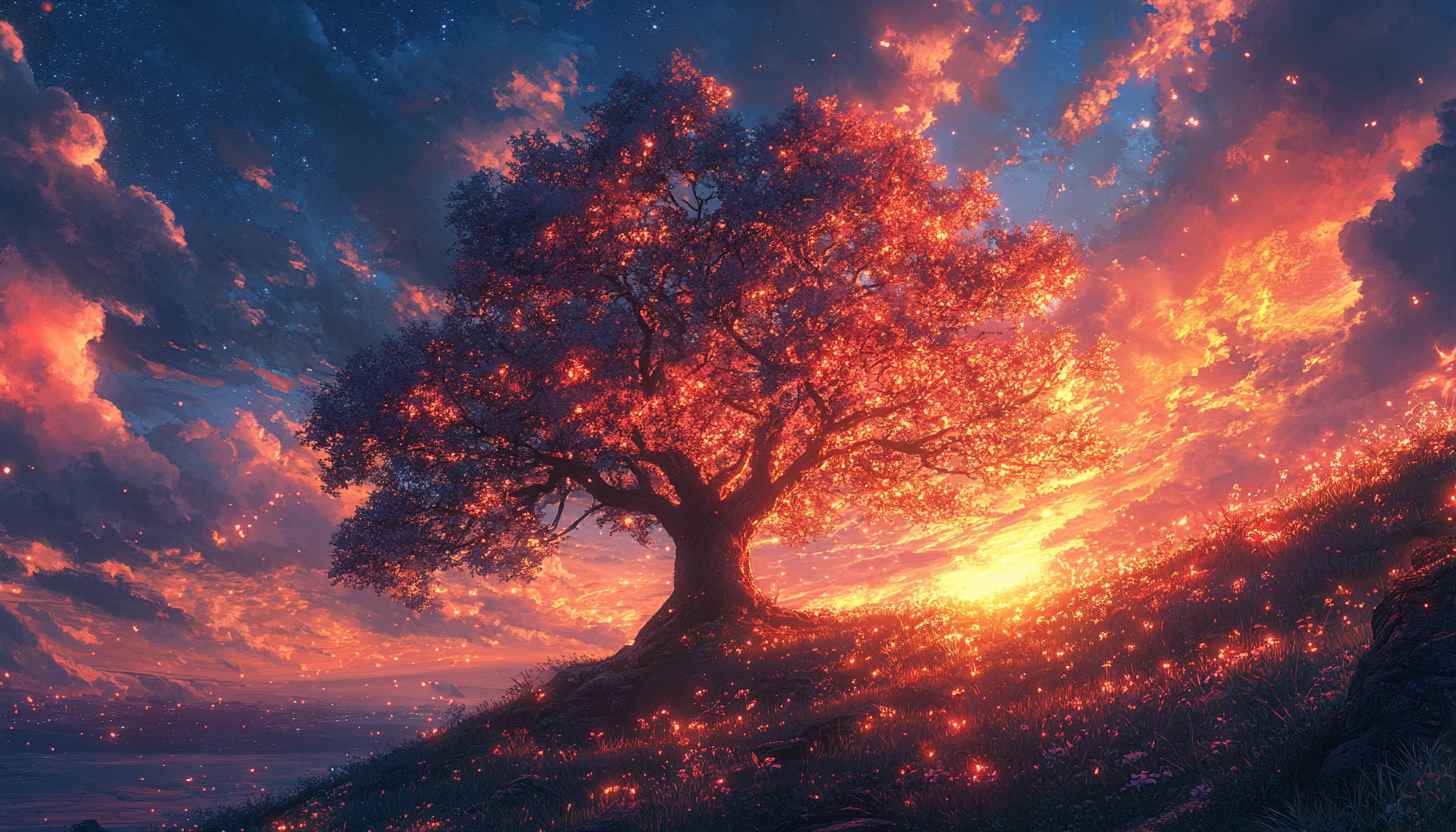 Fantasy Red Tree Sunset Mobile Wallpaper, 4K Desktop Background
