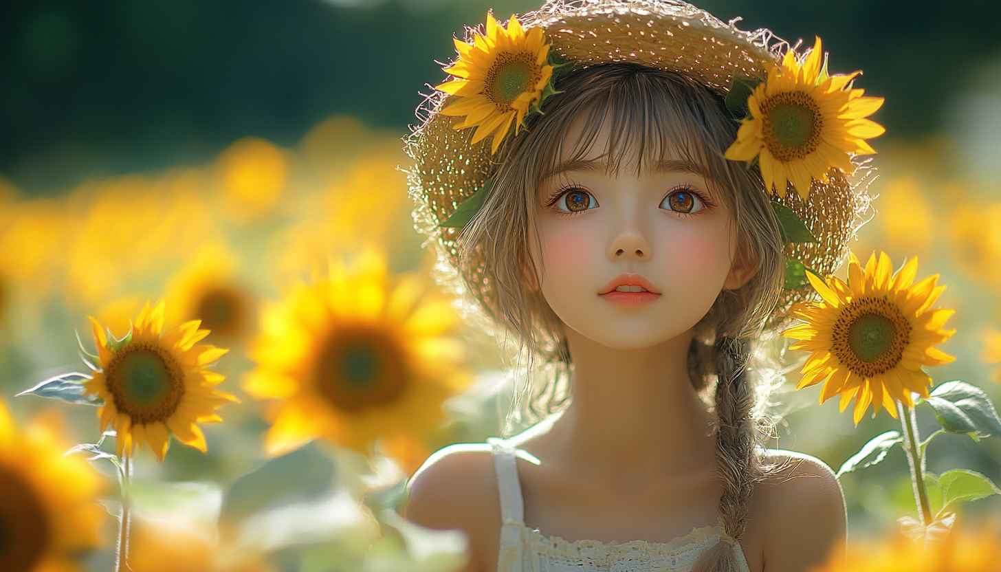 Sunflower Girl 4K Wallpaper: Anime Field Background for Desktop, Mobile