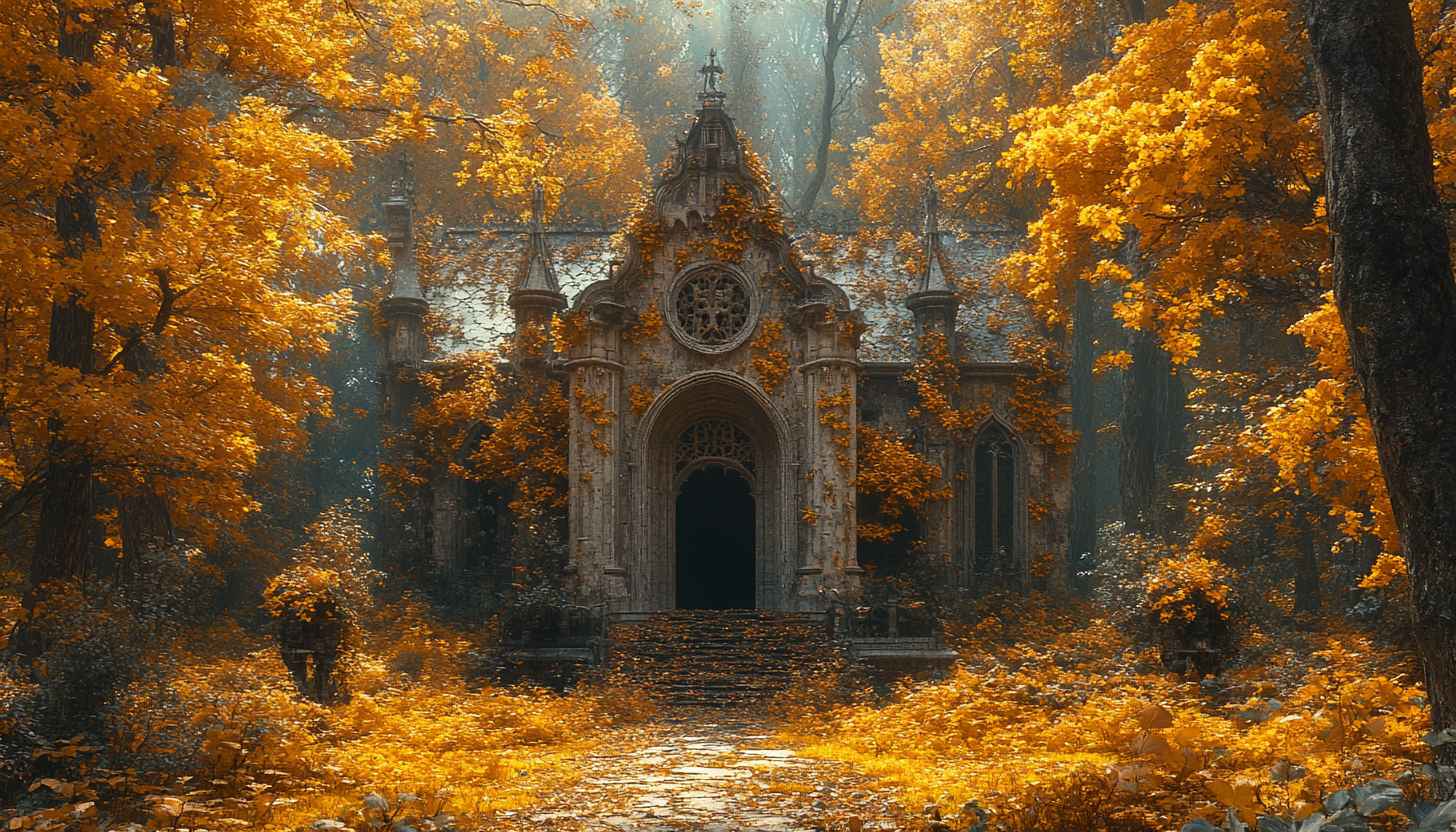 Autumn Chapel Wallpaper, Free Nature Background, Fall Forest Desktop Image