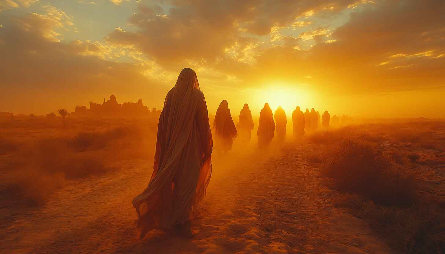 Arbaeen Pilgrims Walking Mobile Background - Golden Desert Sunset Wallpaper