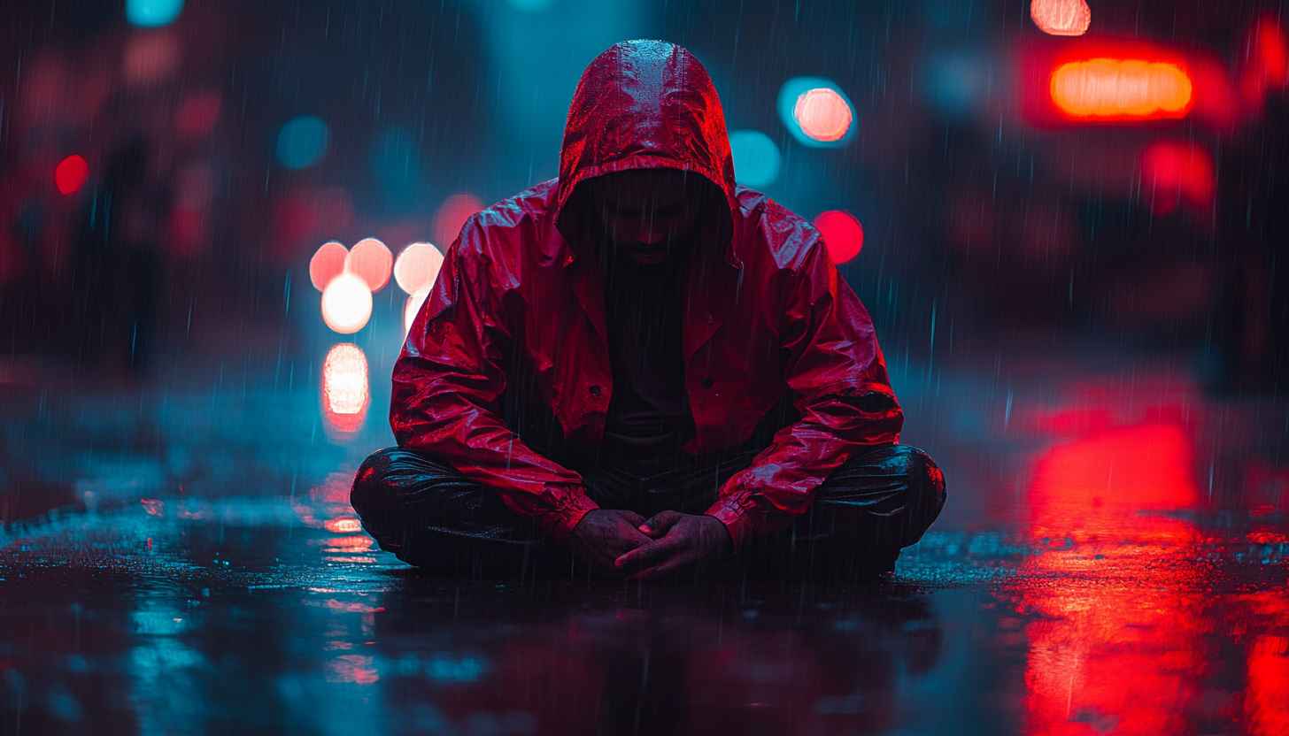 Rainy Night Person Sitting Mobile Background 4K Desktop Wallpaper