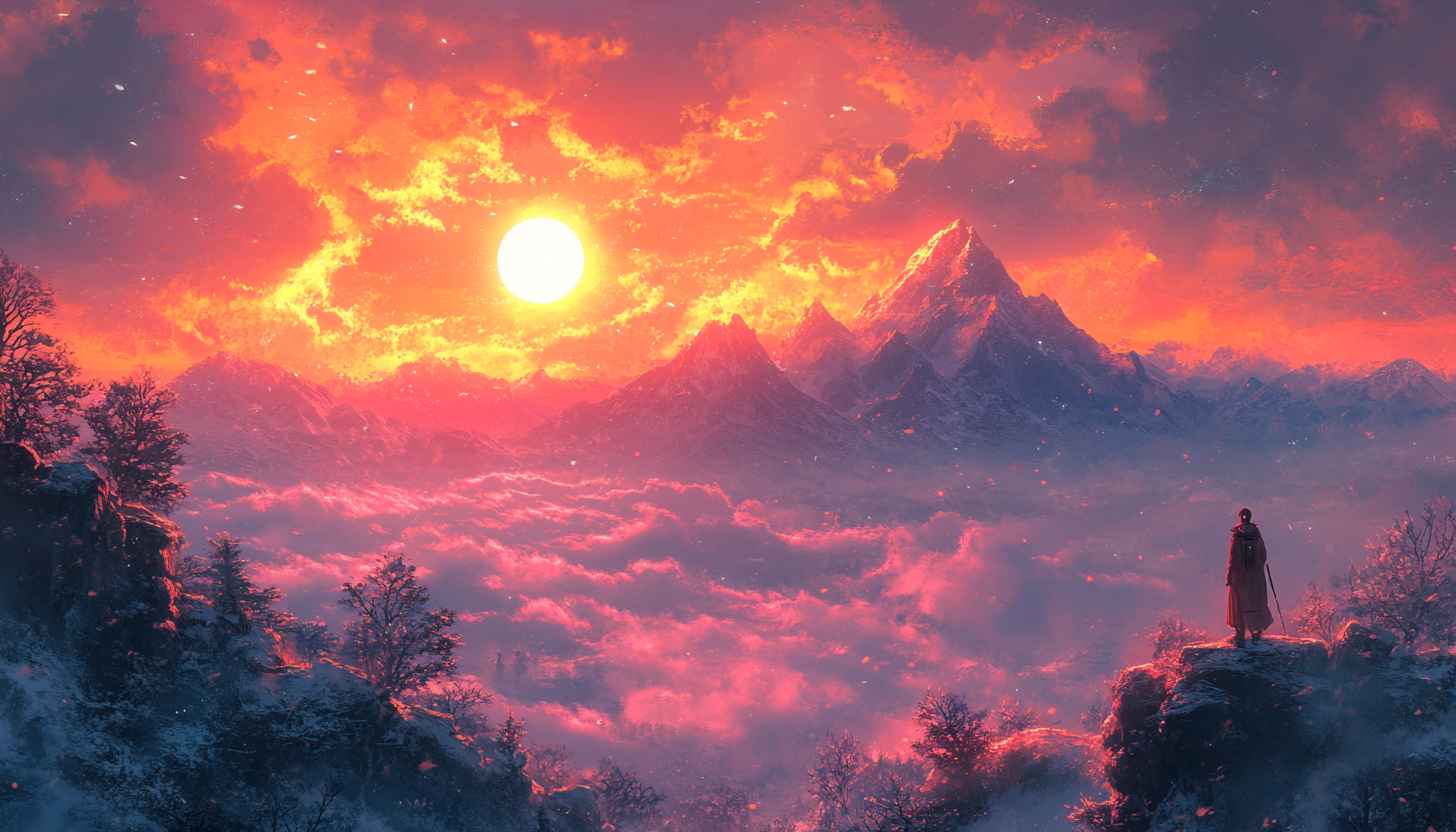 Fiery Sunset Mountain Landscape 4K Desktop Background Mobile Wallpaper