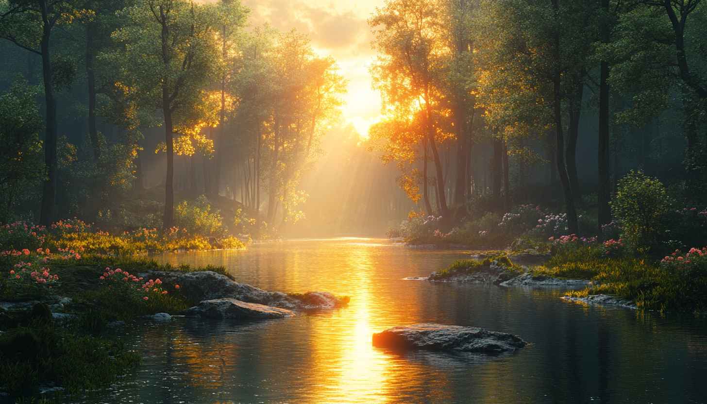 Golden Hour Forest River 4K Desktop Wallpaper Nature Scenery