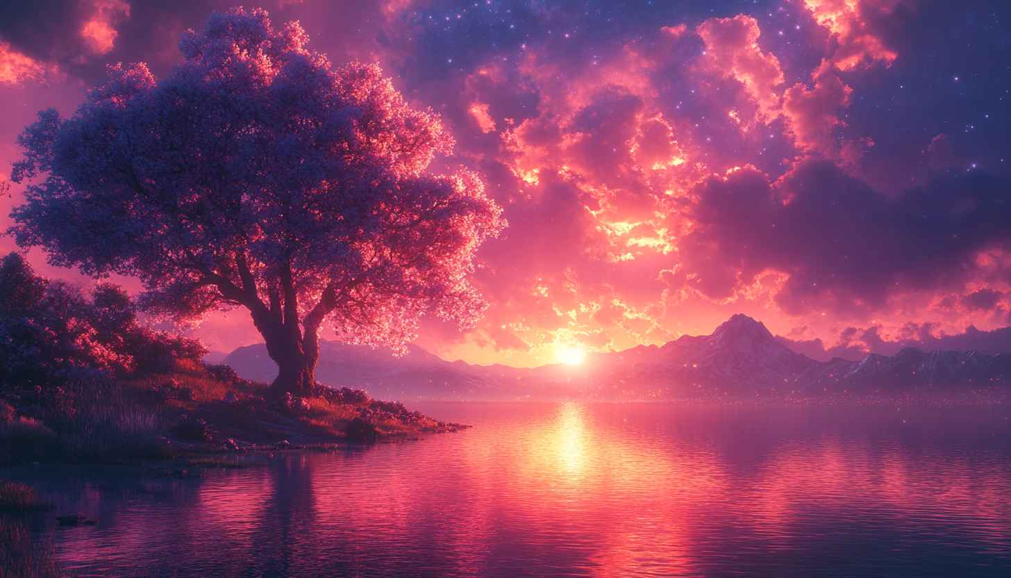 Pink Sunset Lake Scenery Desktop Backgrounds 4K Free Wallpaper