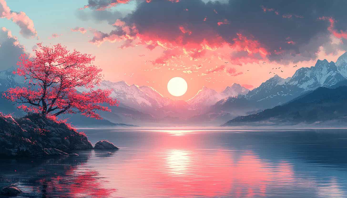 Pink Sunset Lake Landscape Wallpaper for Desktop Background Free