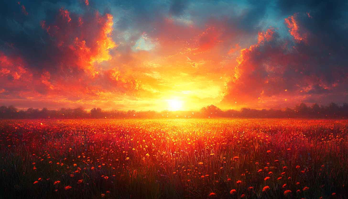 Fiery Sunset Flower Field 4K Desktop Wallpaper Background