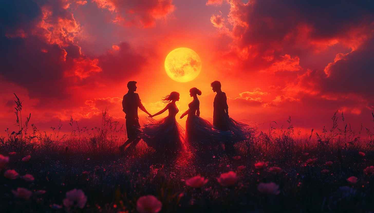 Romantic Sunset Field Couples Silhouette Wallpaper 4K Desktop Background