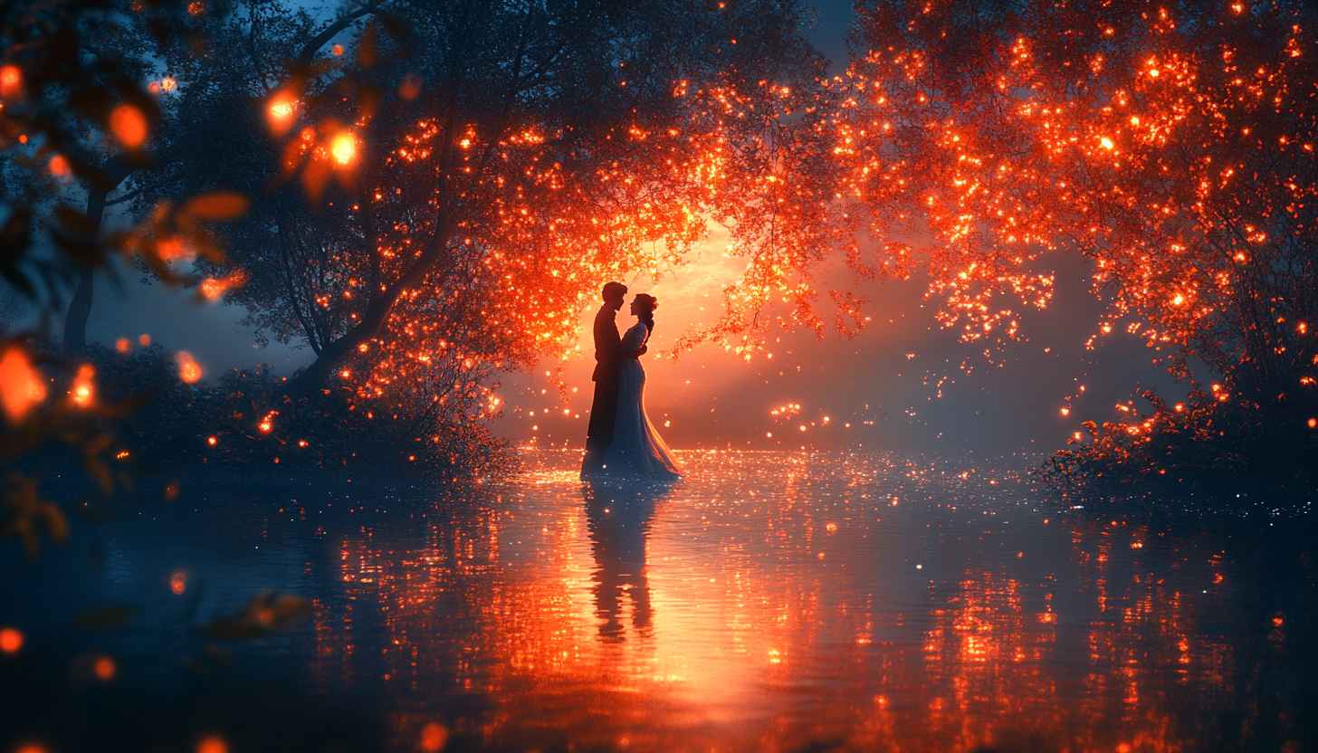 Romantic Couple Lake 4K Mobile Wallpaper, Glowing Fairytale Night