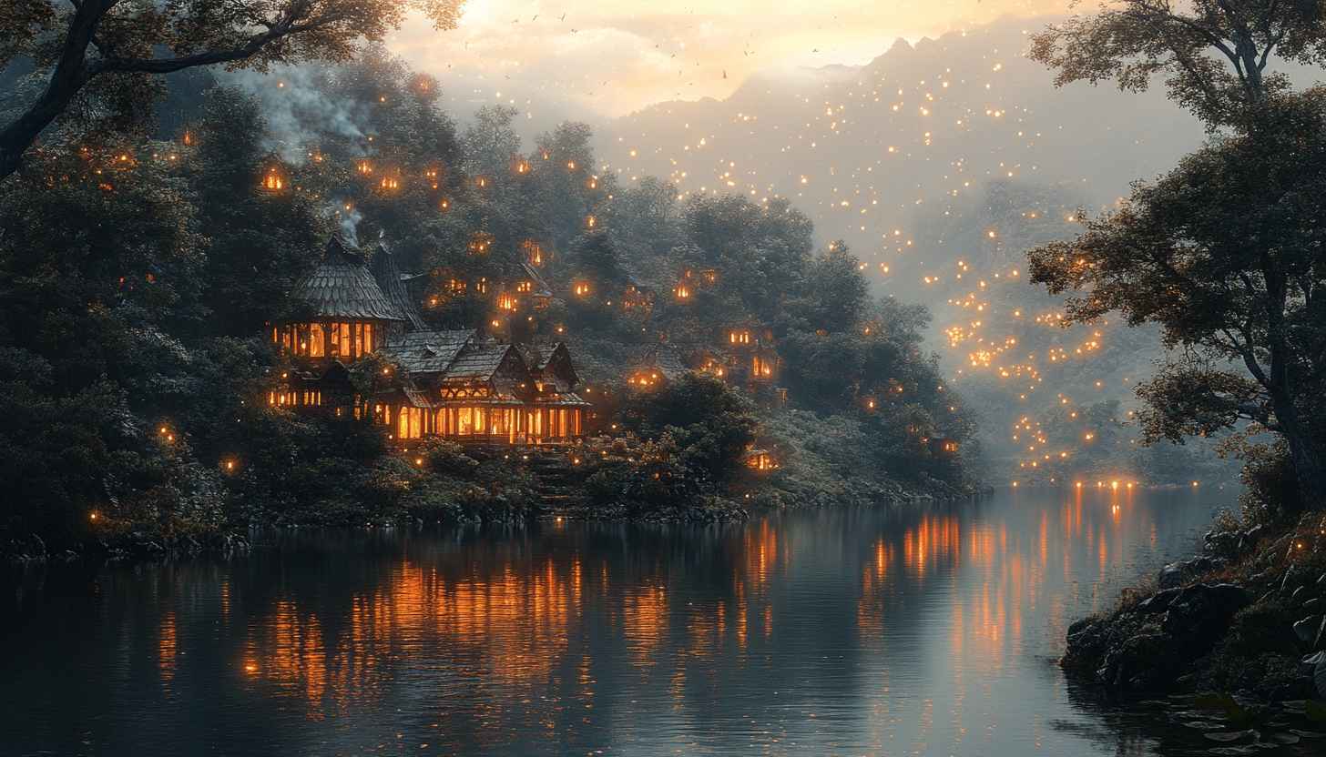 Glowing Forest Village 4K Desktop Wallpaper, Magical Landscape Background