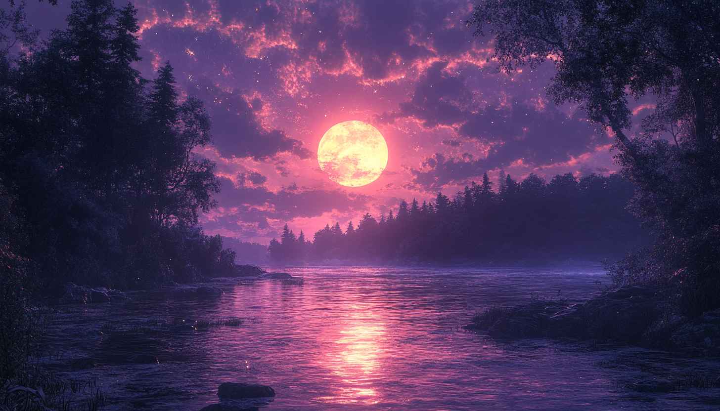 Pink Moon River Landscape Scenery 4K Desktop Wallpaper Background