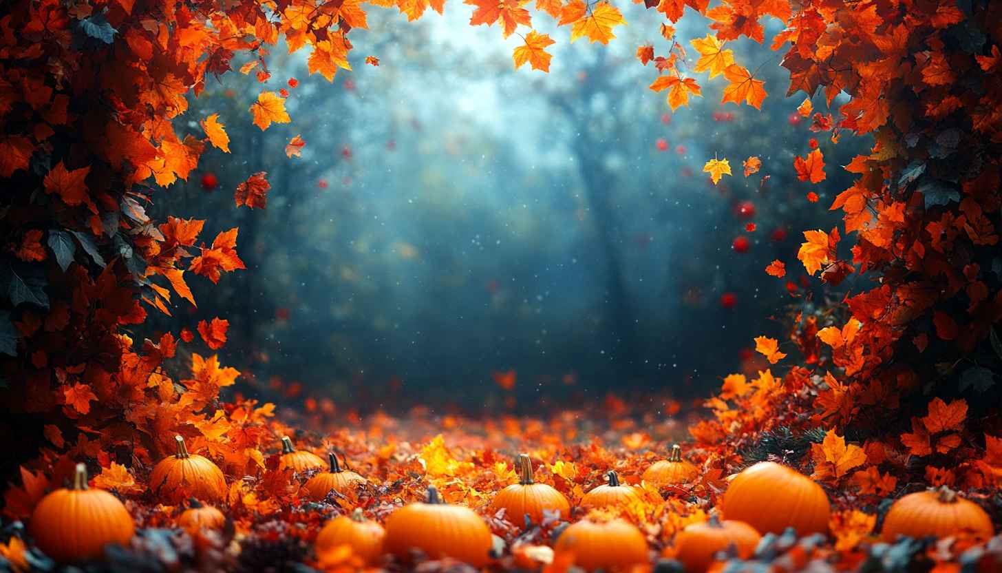 Autumn Pumpkin Patch Leaves Aesthetic 4K Desktop Wallpaper