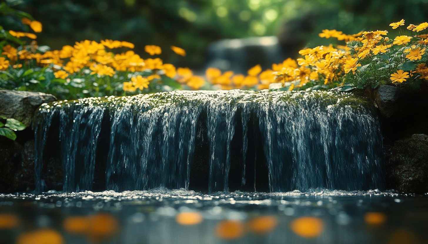 Yellow Flowers Small Waterfall Nature Serene Scenery Desktop Wallpaper