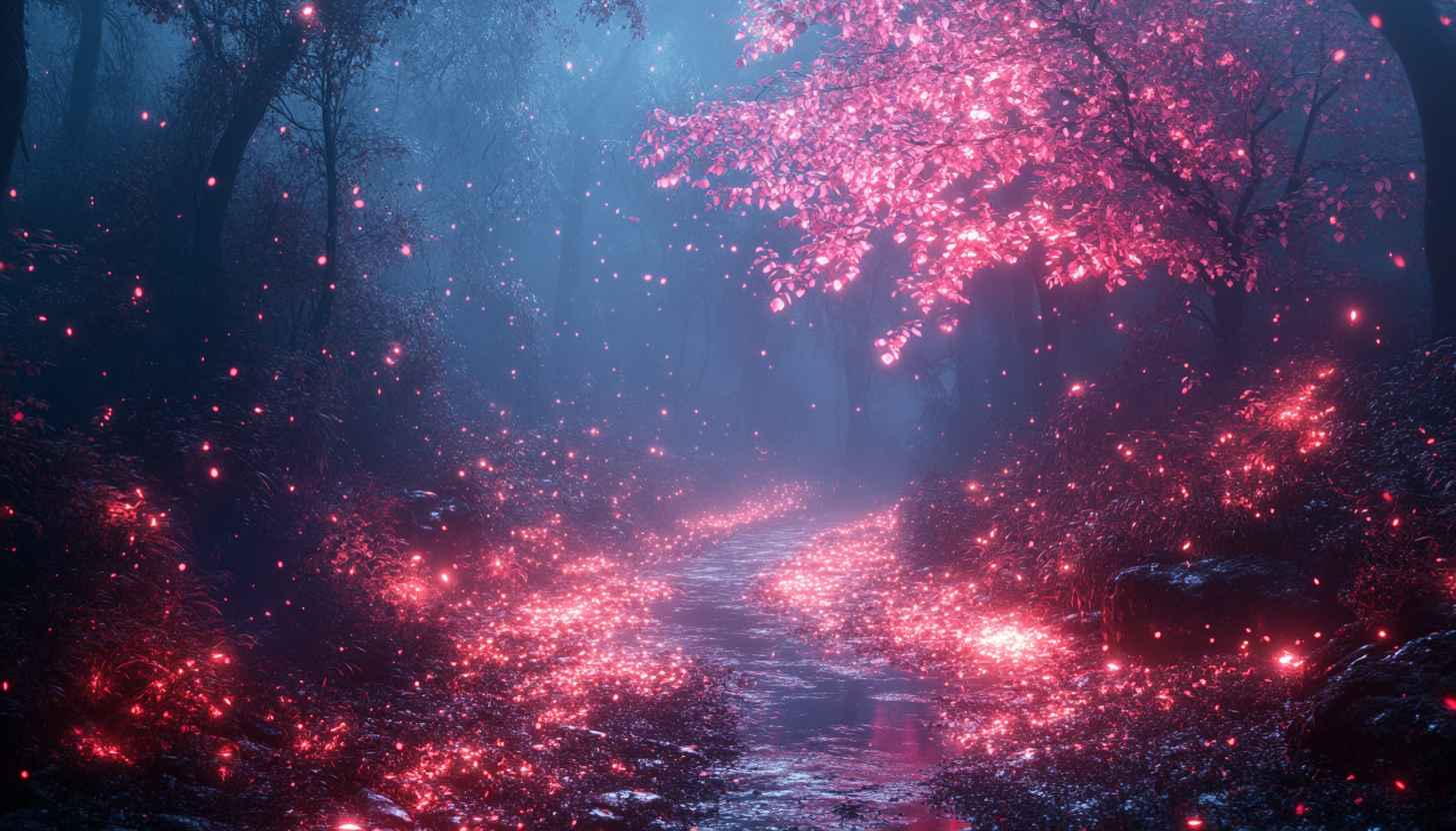 Pink Fairy Light Forest Path 4K Desktop Mobile Wallpaper