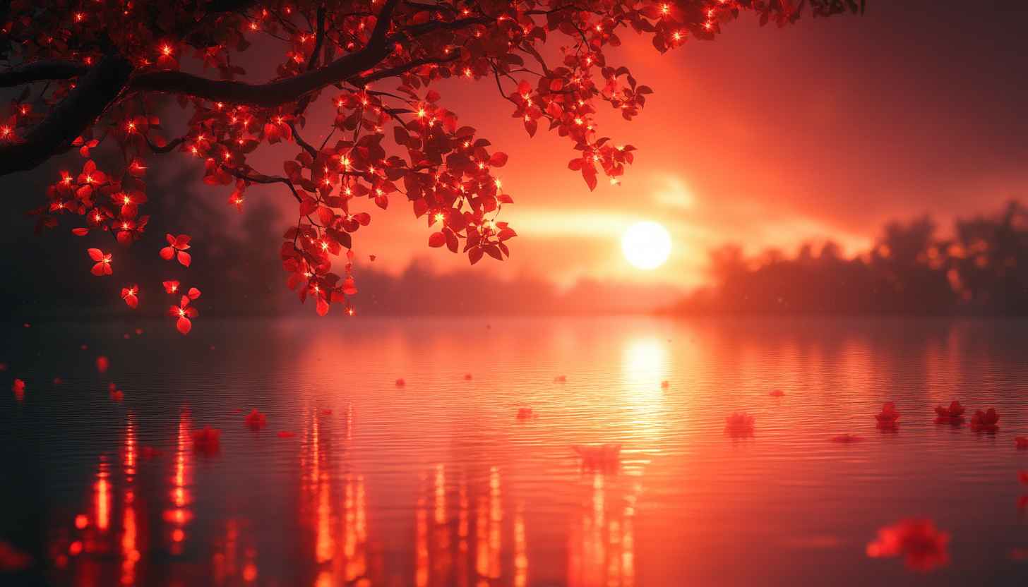 Sunset Lake Red Tree Wallpaper 4K Desktop Mobile Background