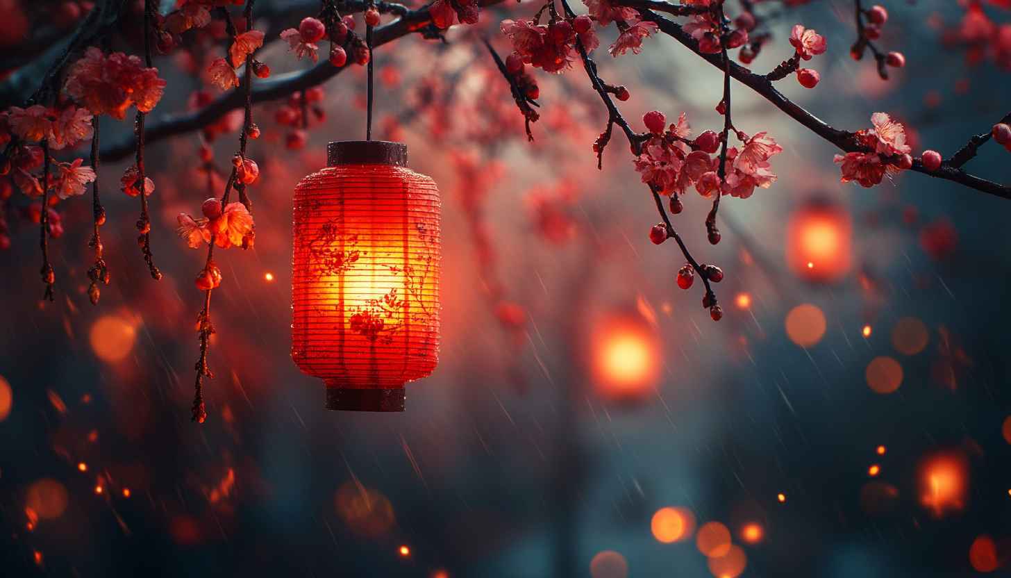 Japanese Lanterns Wallpaper Cherry Blossoms Red Aesthetic Background 4K Desktop