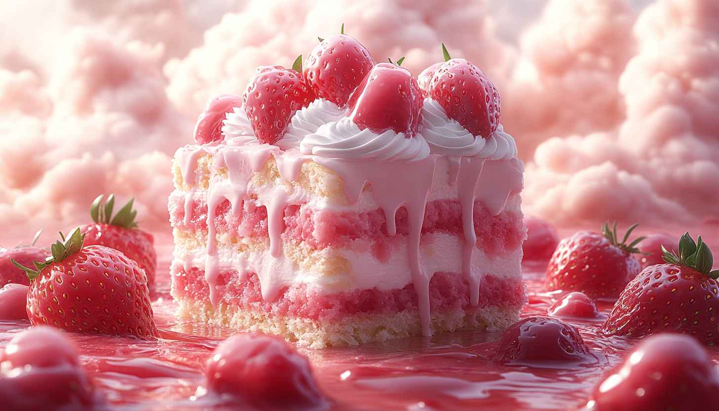 Strawberry Cake Dessert 4K Wallpaper Delicious Food Pink Background Aesthetic