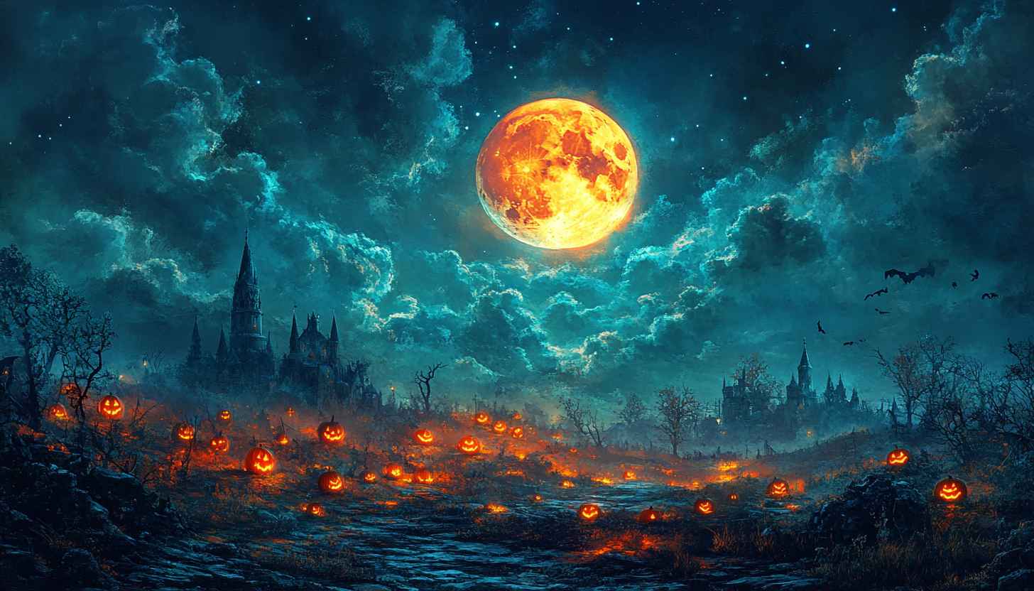 Halloween Night Full Moon Pumpkins Field Mobile Wallpaper 4K