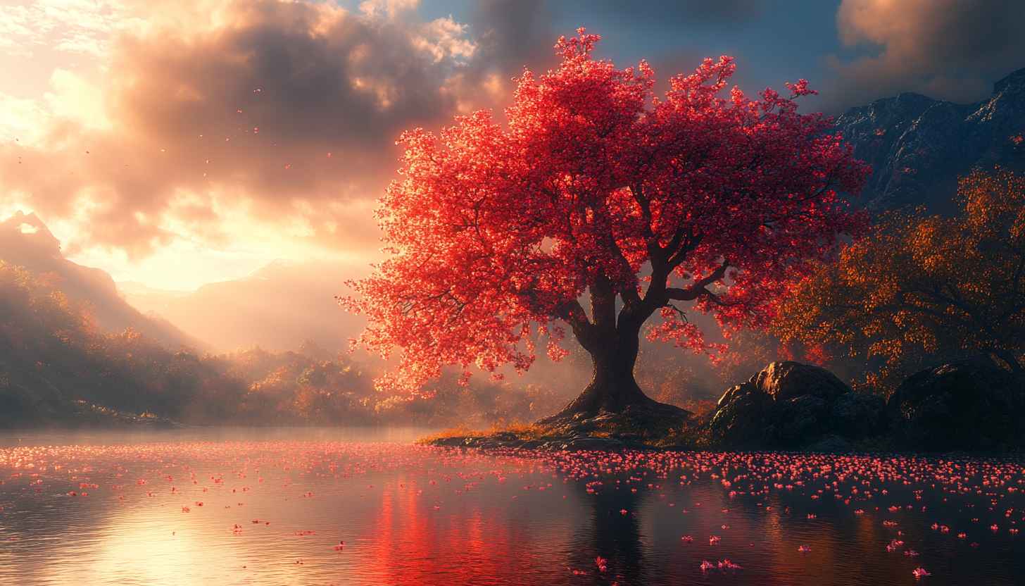 Red Tree Lake Scenery 4K Desktop Wallpaper for Free