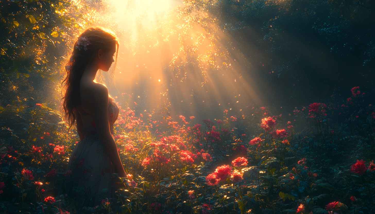 Golden Hour Fairy Woman Rose Garden 4K Desktop Wallpaper