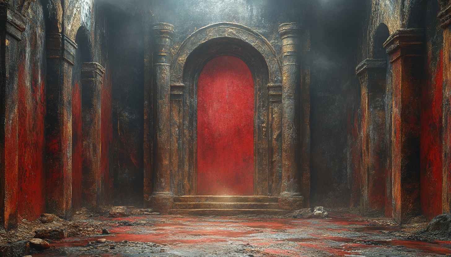 Ancient Ruined Temple with Red Door 4K Desktop Wallpaper