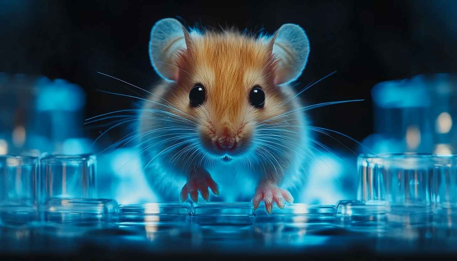 Cute Mouse 4K Wallpaper Glowing Blue Science Lab Background