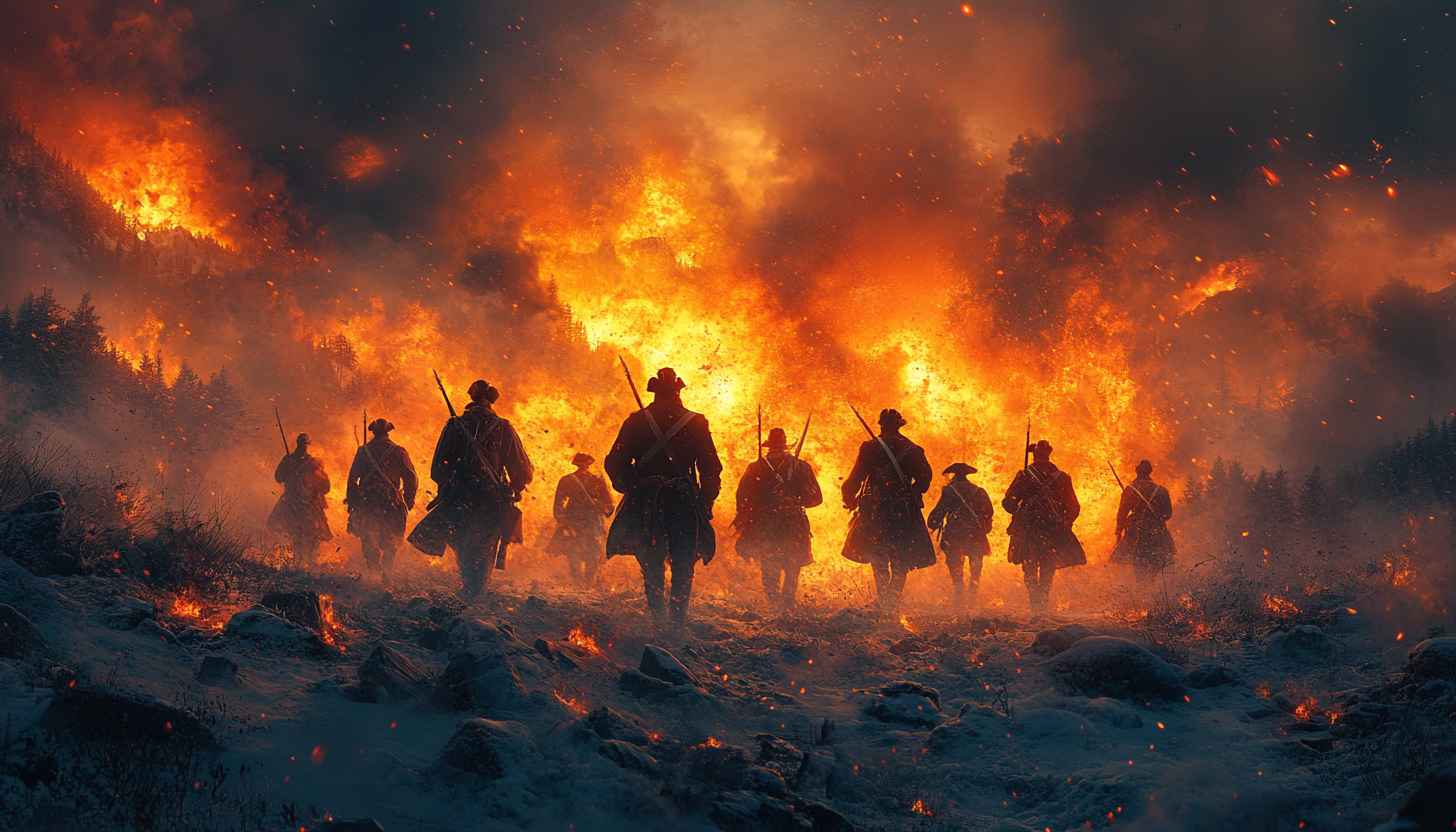 Revolutionary War Soldiers Marching Through Fire 4K Desktop Wallpaper