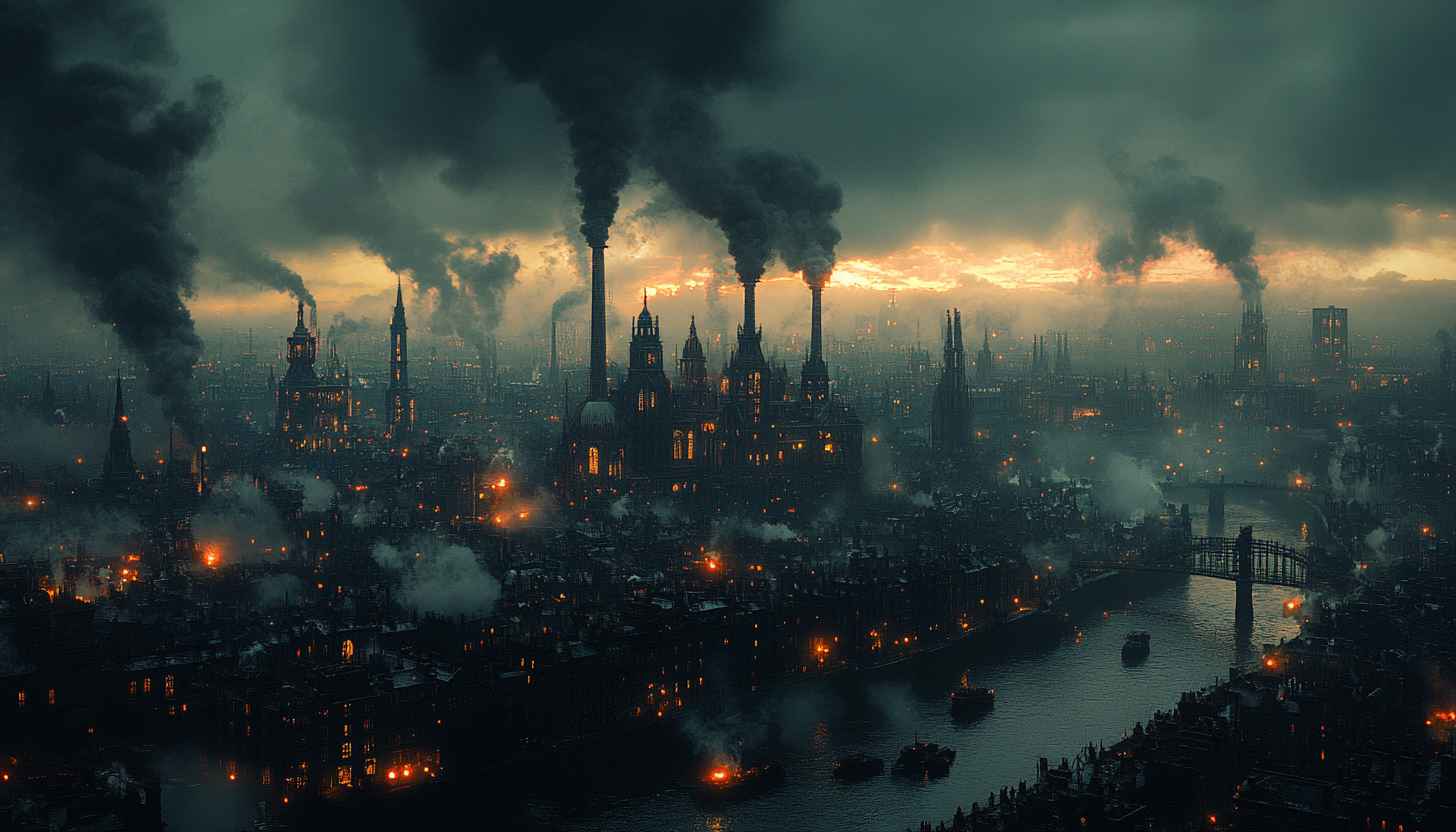 Dark Industrial Cityscape Wallpaper 4K Desktop Background Aesthetic Art
