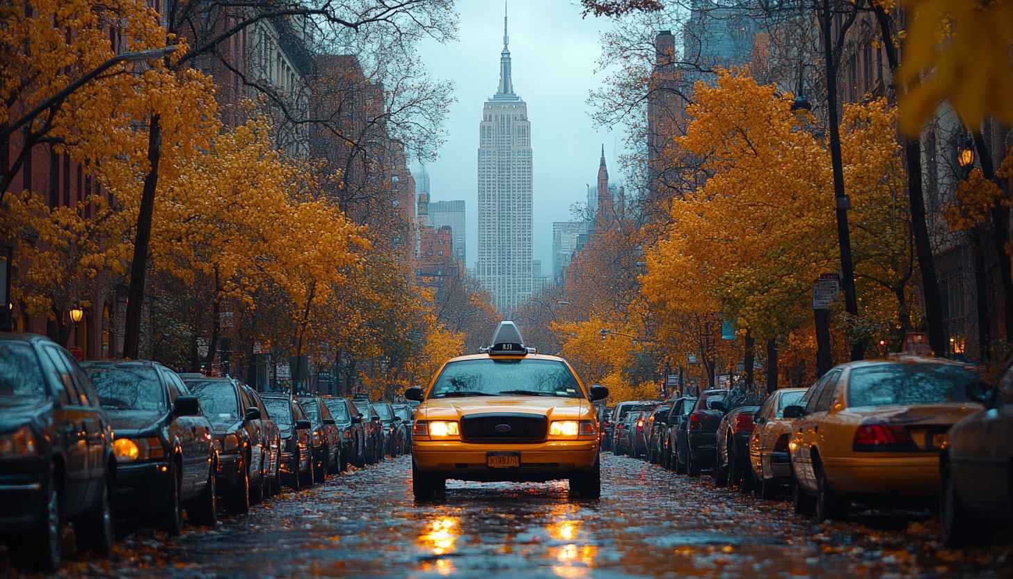 New York City Taxi Autumn Street 4K Mobile Wallpaper