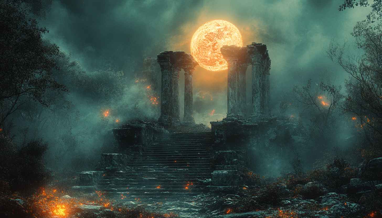 Mystical Ruins Full Moon 4K Wallpaper For Desktop Backgrounds