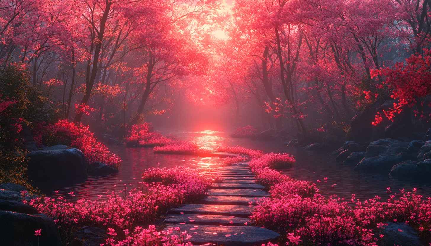 Pink Blossom Forest Stream 4K Desktop Background Free Mobile Wallpaper