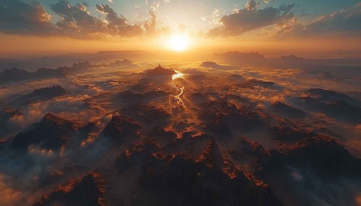 Fiery Mountain River at Sunset 4K Desktop Background Wallpaper