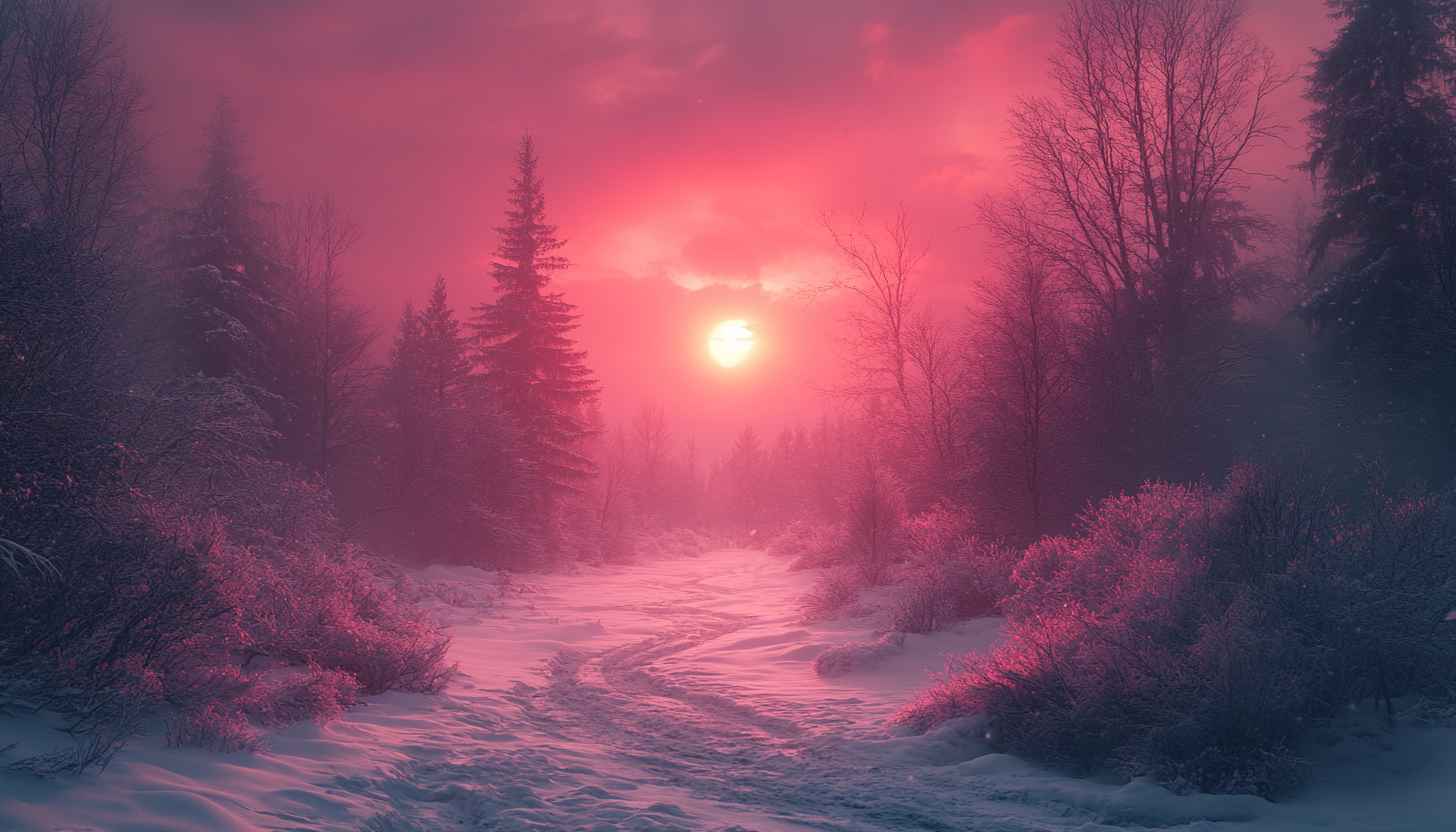 Pink Winter Forest 4K Desktop Wallpaper, Snowy Sunset Mobile Background
