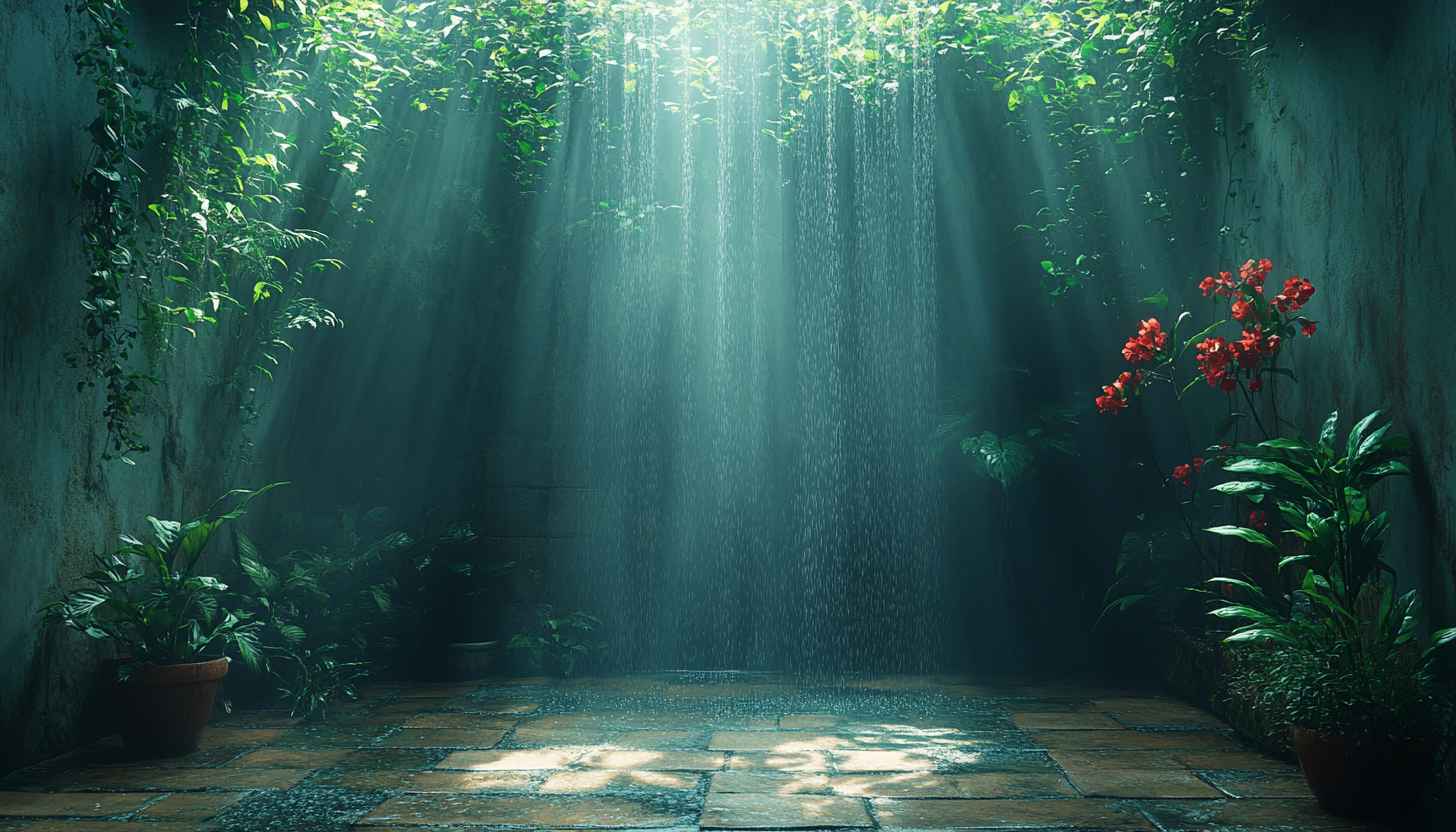 Peaceful Rain Room 4K Desktop Wallpaper with Tropical Plants