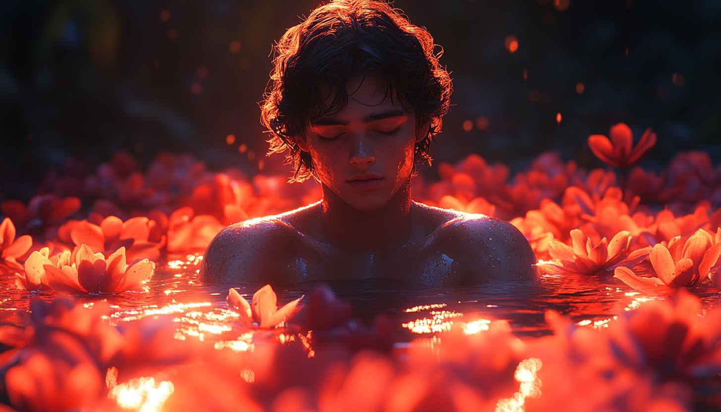 Ethereal Man Surrounded by Red Flowers Free Mobile Wallpaper 4K