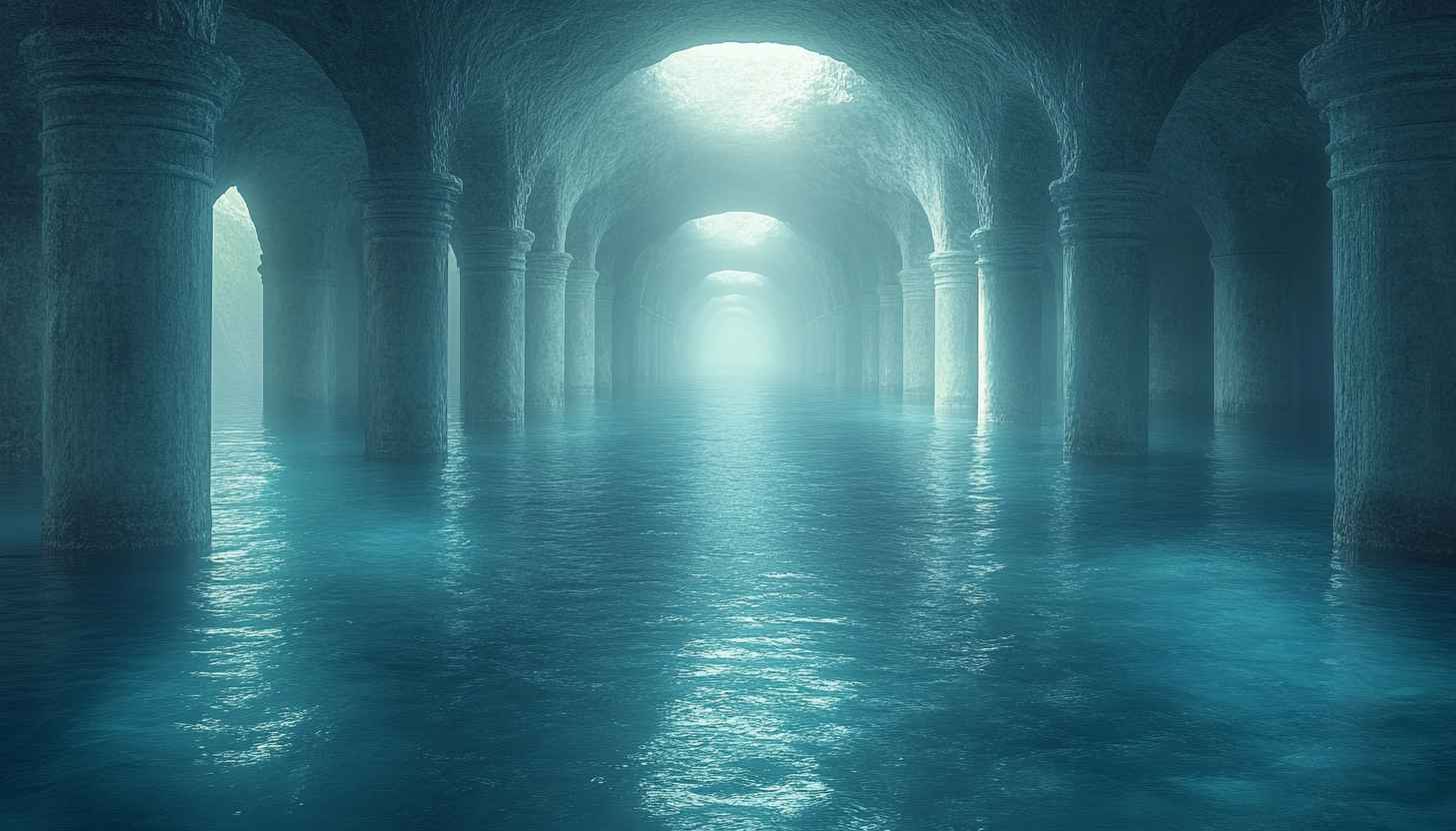 Ancient Cistern Columns Water 4K Desktop Wallpaper Mobile Background