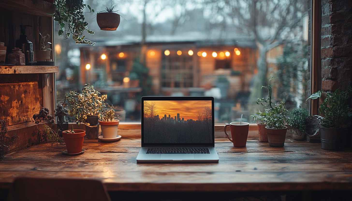 Laptop Cityscape Sunset on Table Free 4K Desktop Background