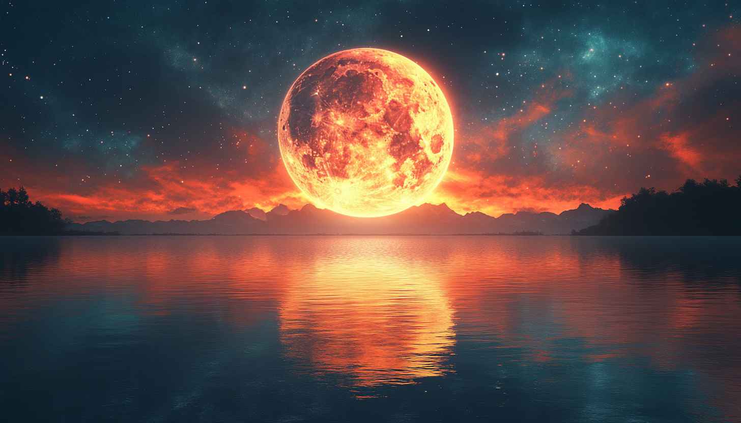 Super Blood Moon Over Lake Mobile Wallpaper, 4K Desktop Background