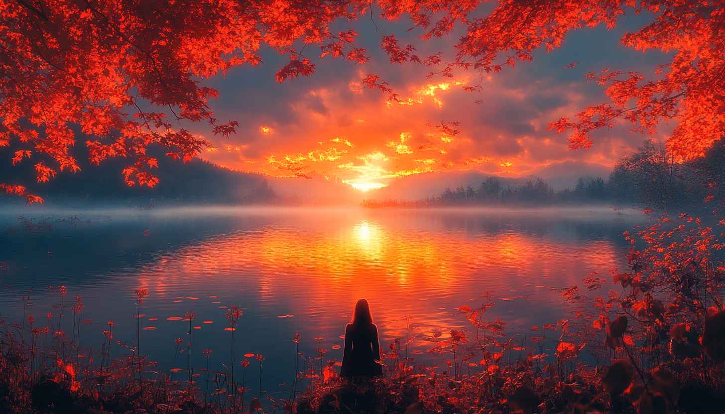 Fiery Autumn Lake Sunrise Meditation Wallpaper 4K Desktop Background