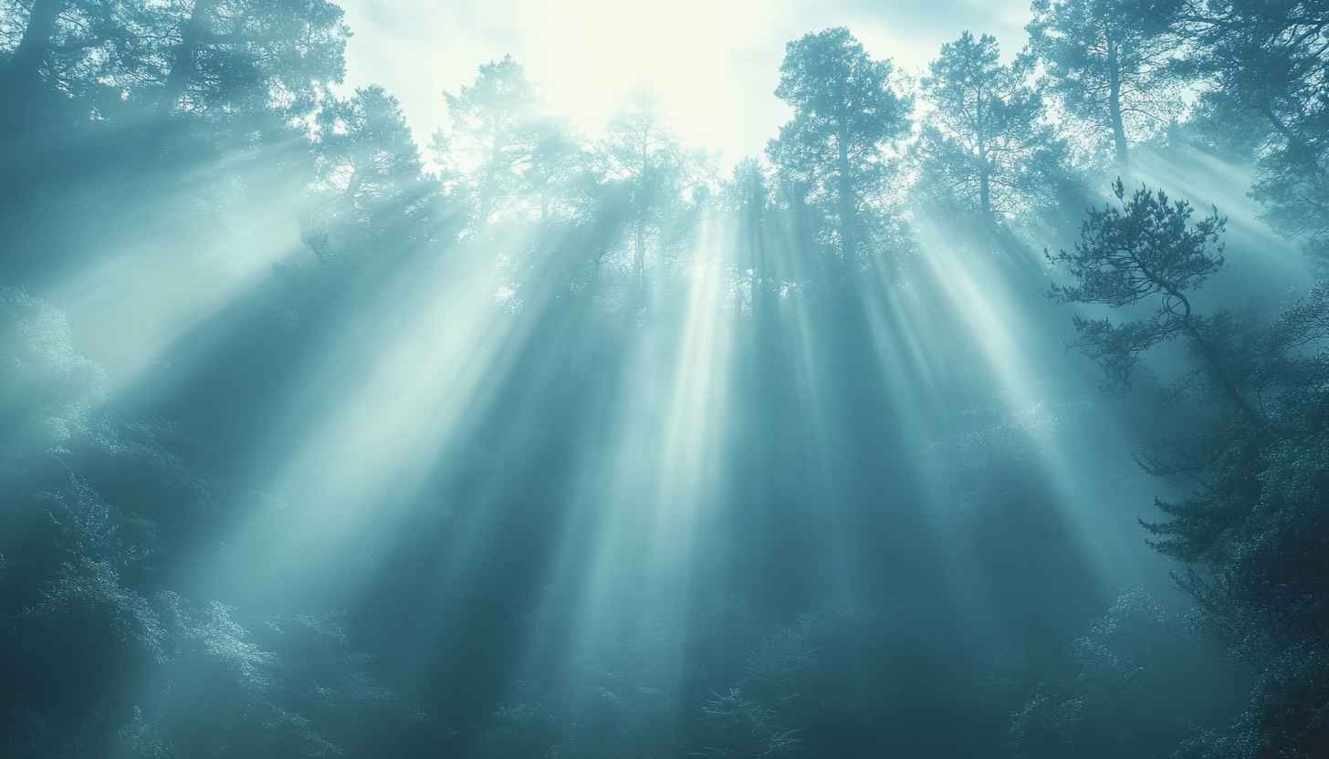Sun Rays Through Foggy Forest Mobile and Desktop Wallpaper 4K