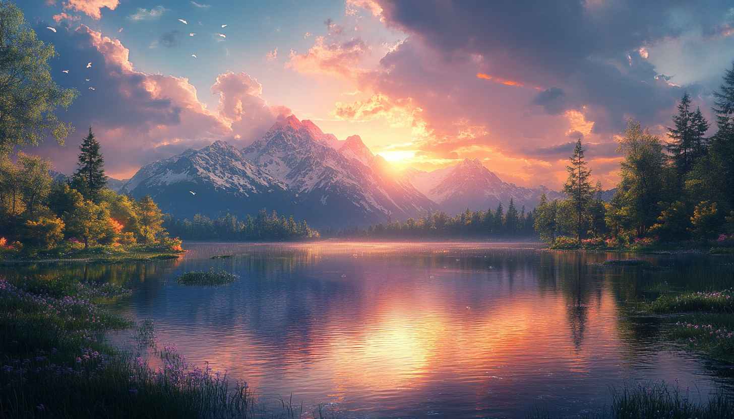 Lake Sunset Mountain Landscape 4K Desktop Mobile Wallpaper Free