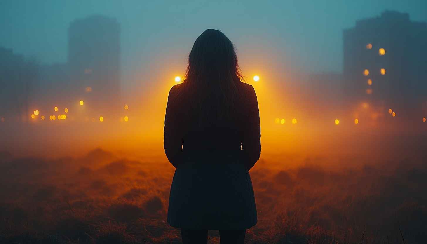 Lonely Girl Silhouette Foggy City Night Aesthetic 4K Wallpaper