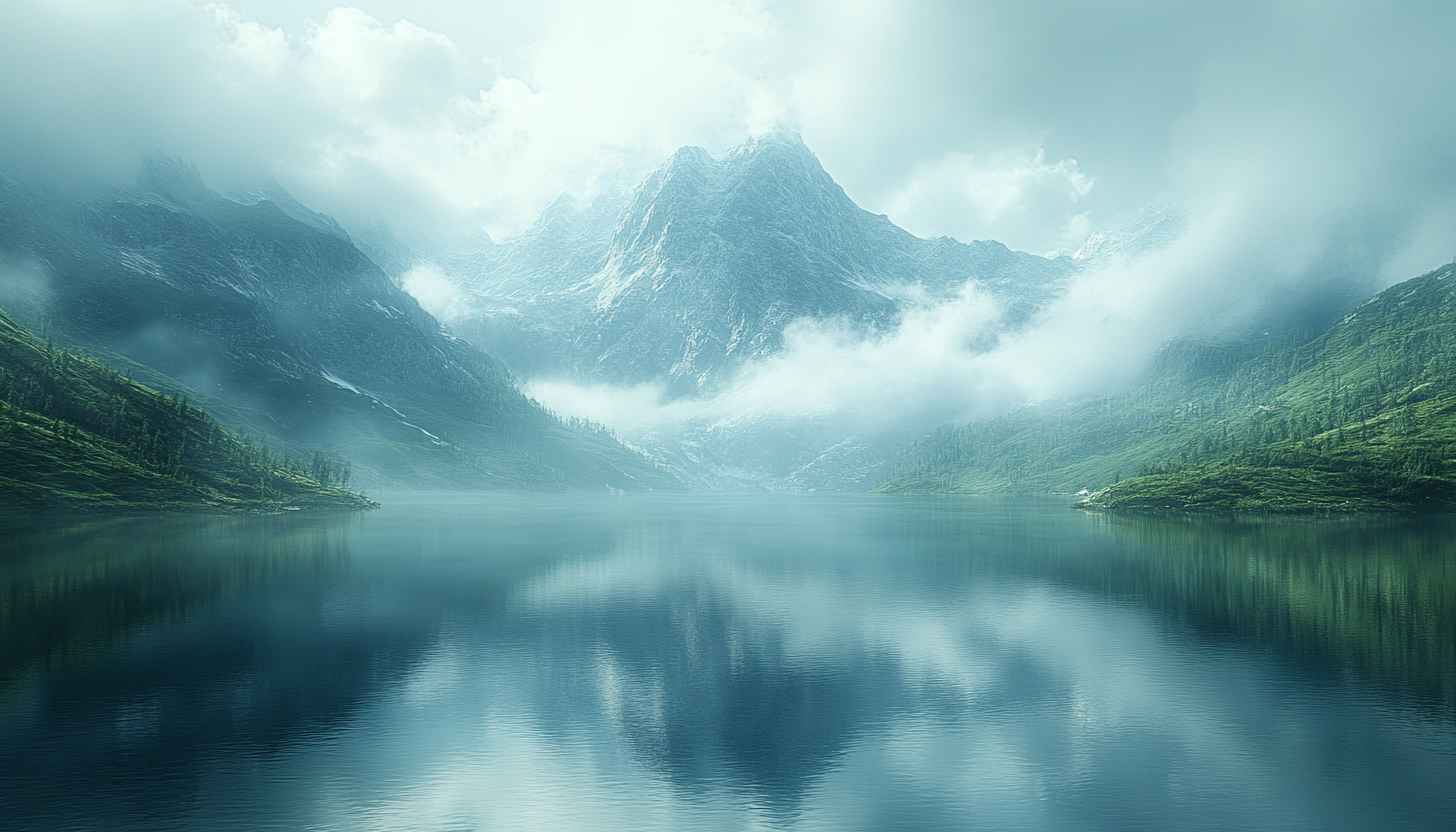 Misty Mountain Lake Scenery 4K Desktop Wallpaper Background