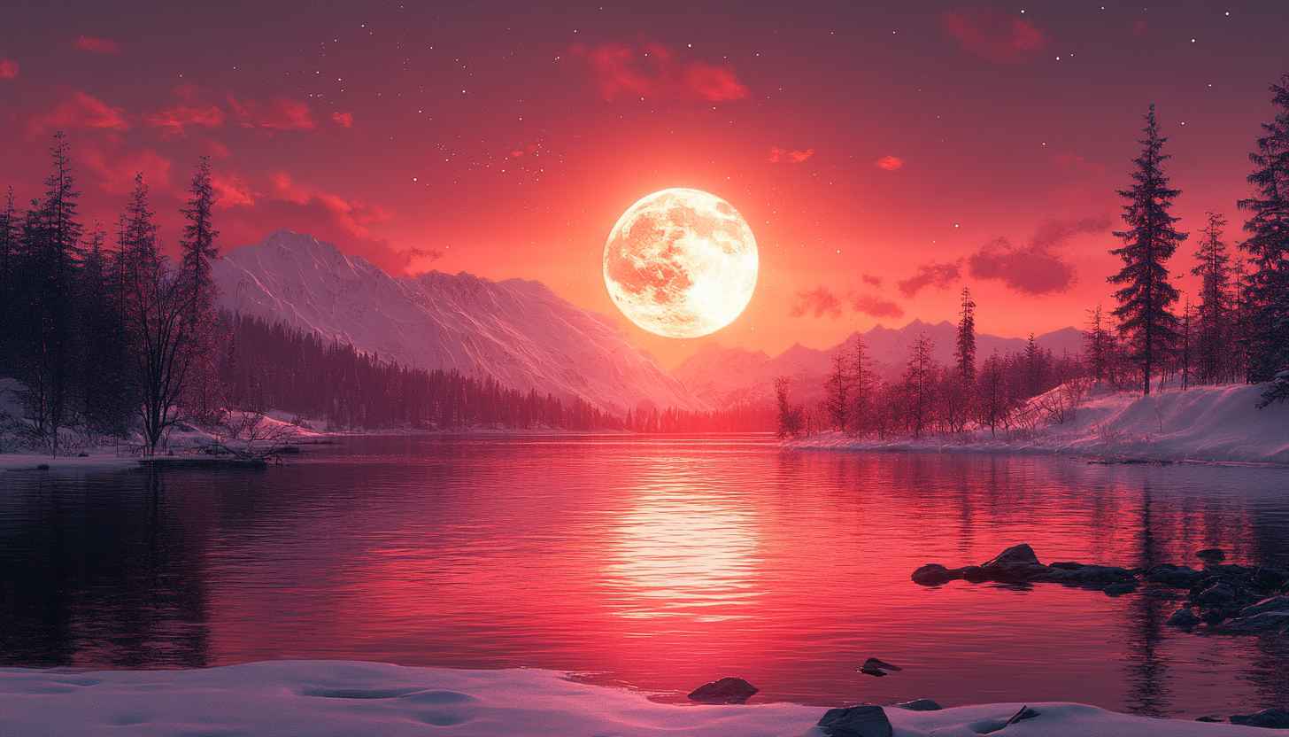 Red Moon over Snowy Mountain Lake 4K Desktop Wallpaper