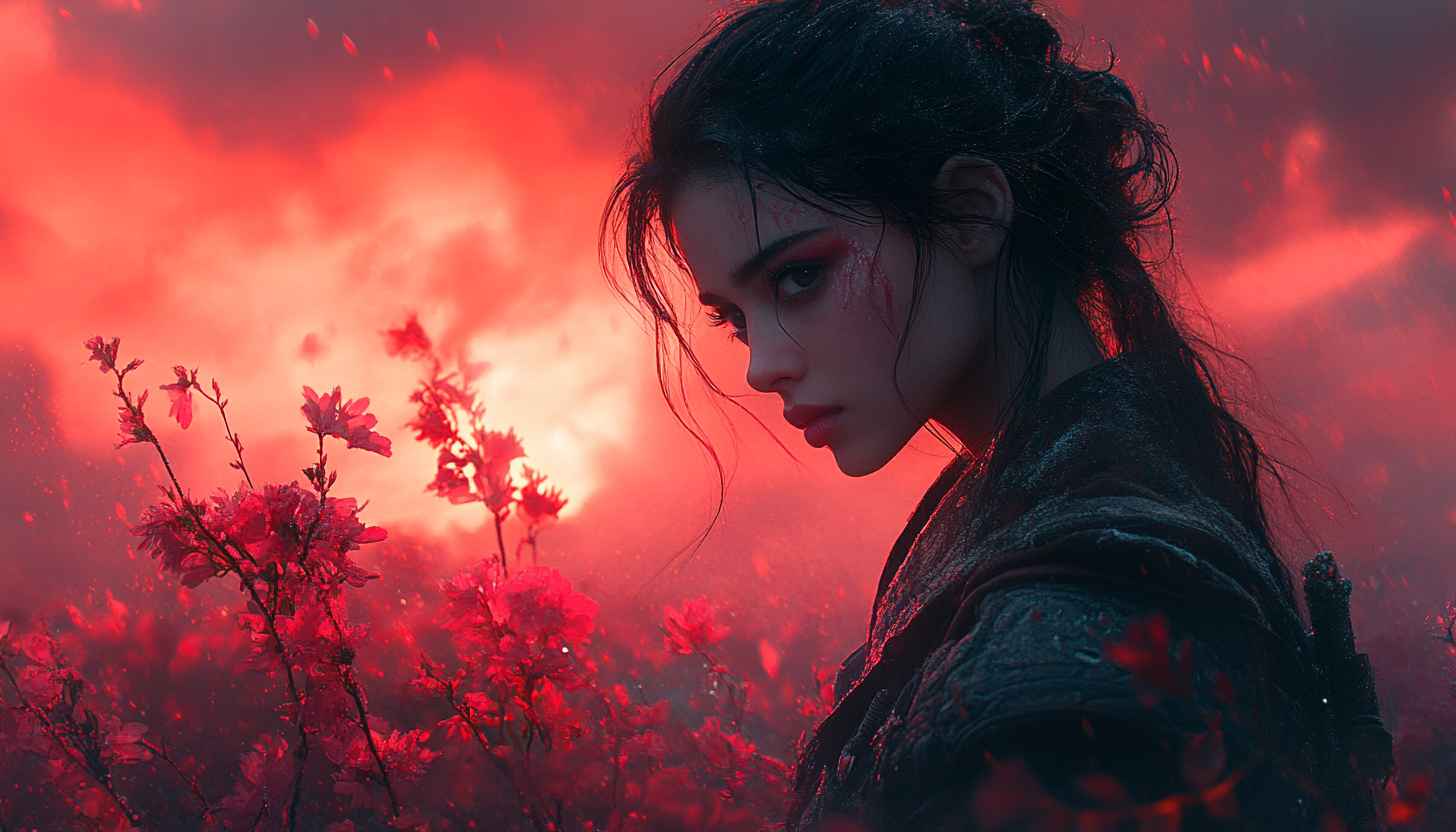 Red Aesthetic Girl Wallpaper, Floral Fantasy 4K Desktop Background
