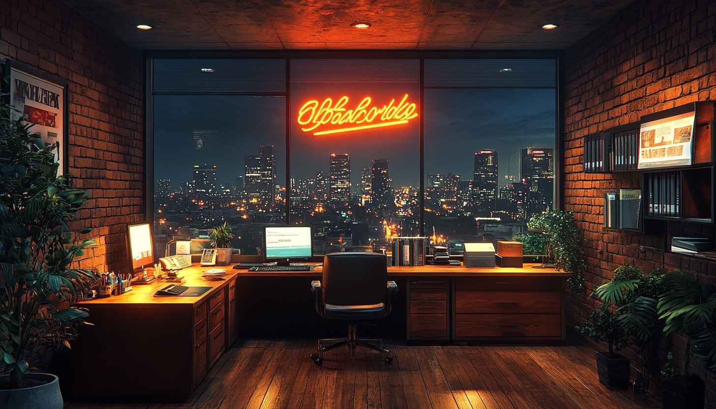 Office Interior with Cityscape View at Night Mobile Wallpaper