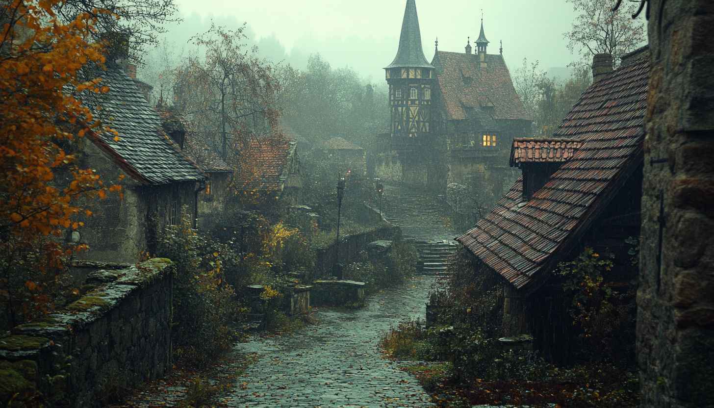 Foggy Medieval Village Mobile Wallpaper HD, Fantasy Town Background