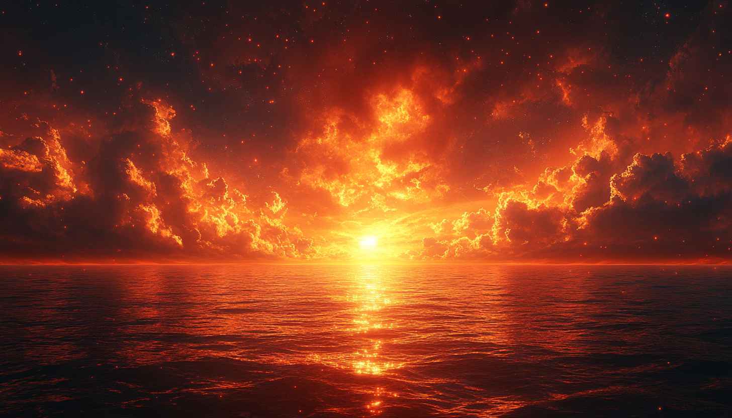 Fiery Sunset Ocean 4K Wallpaper, Dramatic Red Clouds Background