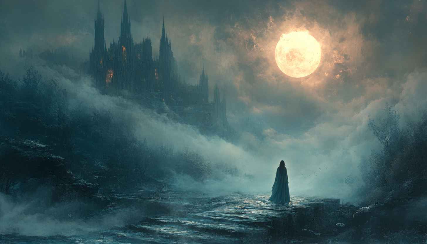 Mystic Castle Full Moon Night Woman Silhouette 4K Wallpaper