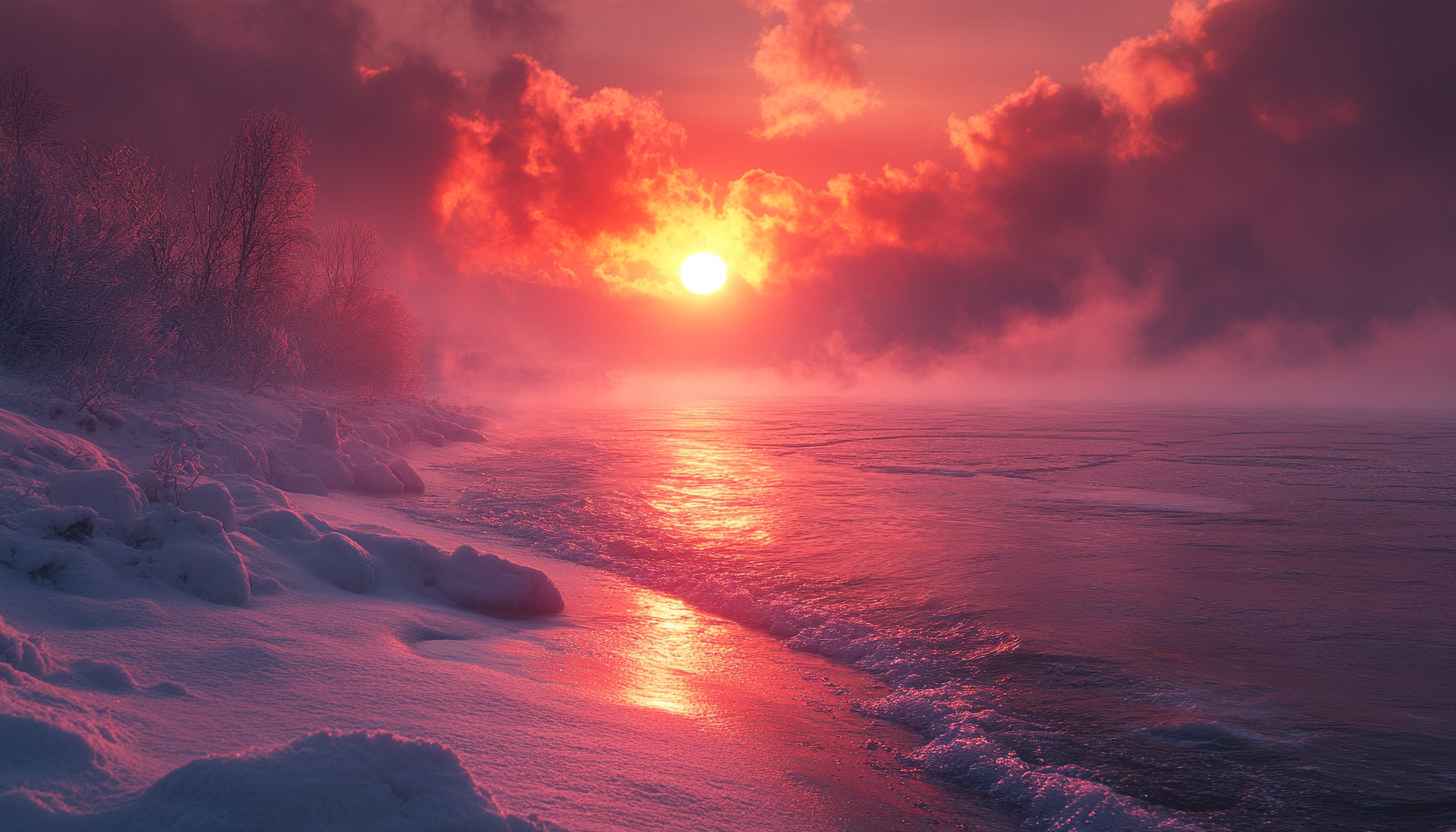 Crimson Sunset Winter Beach Scenery 4K Desktop Wallpaper Free