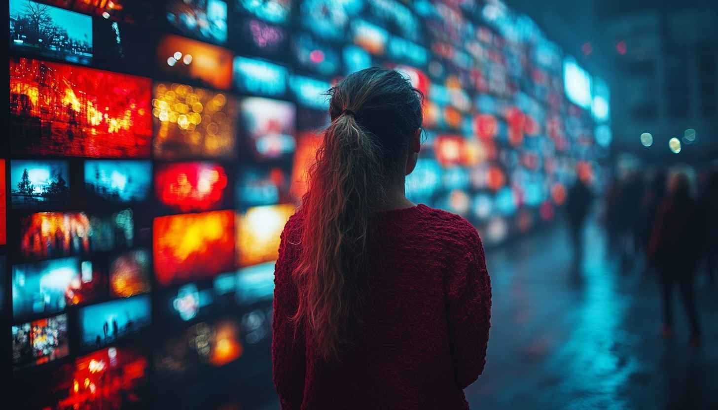 Woman Looking At Television Screens 4K Mobile HD Wallpaper
